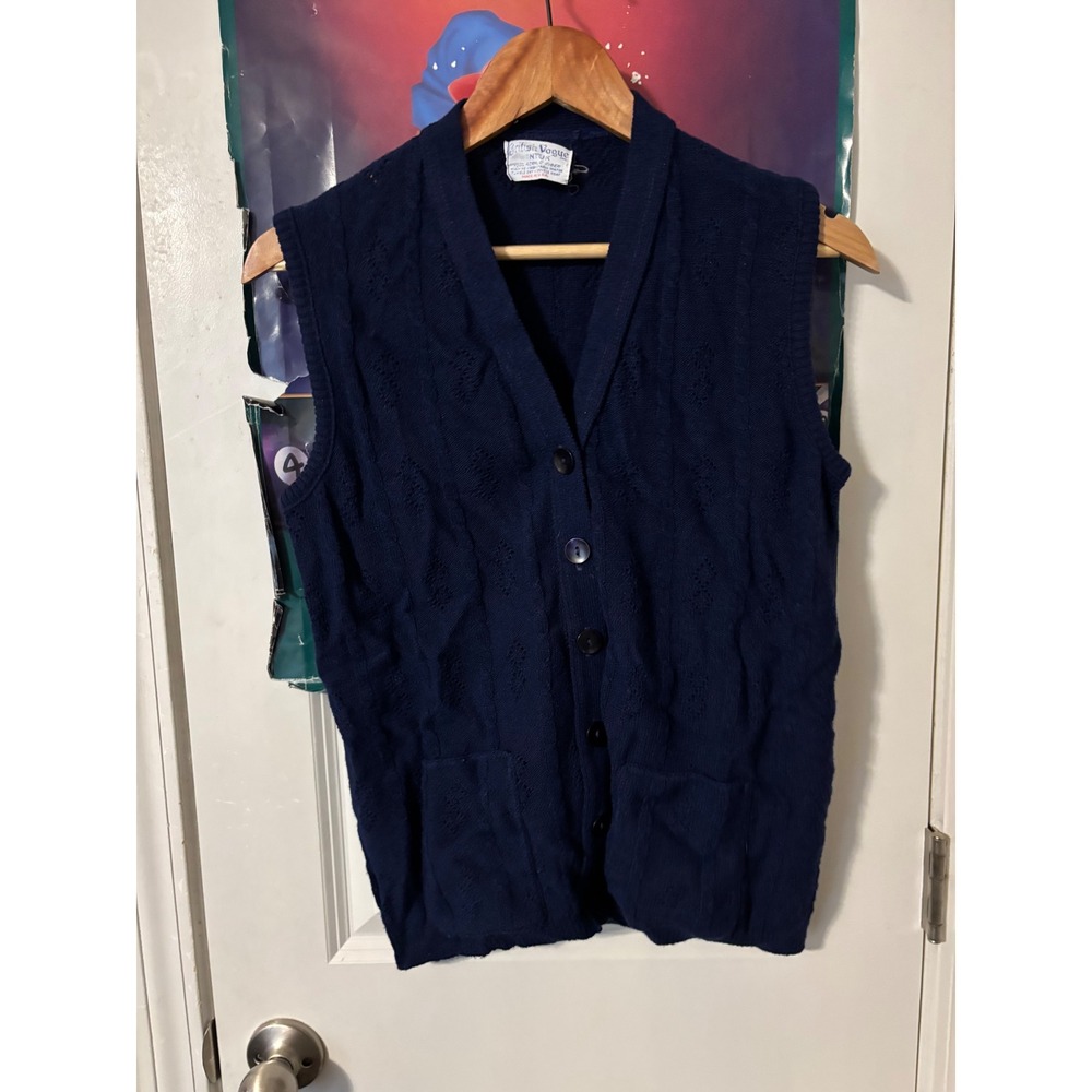 Vintage British Vogue Navy Blue Knit Cardigan Vest Mens Acrylic V-Neck USA Made